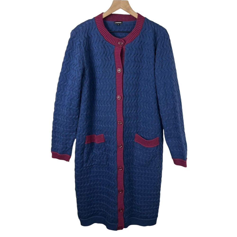 J.Peterman Womens Medium Blue Maroon Button Front Long Knit‎ Cardigan Sweater